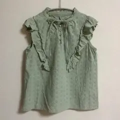 グリーン フリル ノースリーブシャツ