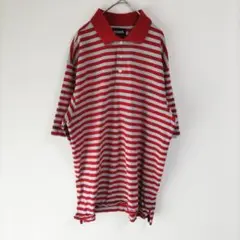 〈アシュワース〉ポロシャツ　赤✕グレー　ボーダー　メンズ　大きめ　XL