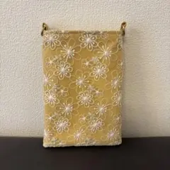 スマホショルダーポーチ　黄色　花柄レース