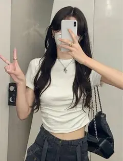 無地 クロップド プリーツ 半袖 Tシャツ 白