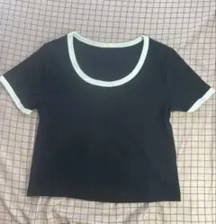 リブ素材 半袖Tシャツ 黒 白トリム