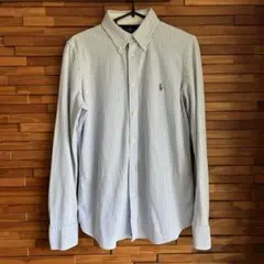 青白ストライプ美品 ラルフローレン 長袖シャツ 刺繍ロゴ KNIT OXFORD