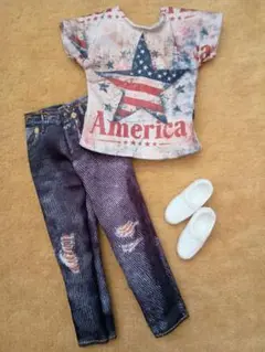 バービー ケン リカちゃんパパ 星 アメリカ国旗Tシャツ 洋服と靴 3点セット