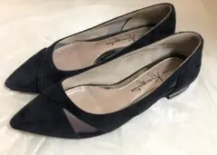 美品★銀座かねまつ★パンプス★バレエシューズ★ネイビー★メッシュ★スエード