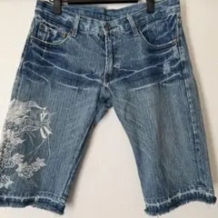 新品　未使用　デニム ハーフパンツ 和柄 ダメージ　82㎝