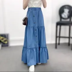 デニムスカート　ティアード　Aライン　フレア　Aロング　マキシ丈　フリーサイズ