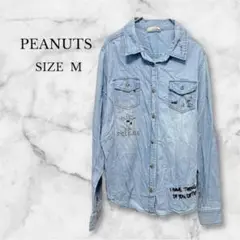 PEANUTS デニムシャツ 長袖 スヌーピー 刺繍入り カジュアル コットン