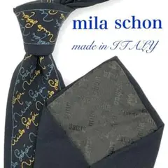 【美品】mila schon ネクタイ カリグラフィー 総柄 黒 ブラック