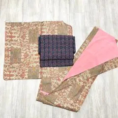 【B159】着物 紬風 袷 赤 ベージュ 単品販売 着付練習やリメイクに