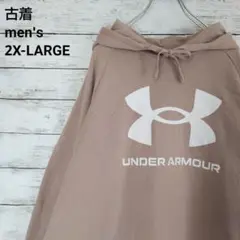 古着 UNDER ARMOUR パーカー 定番ロゴ ベージュ ペール 2XL
