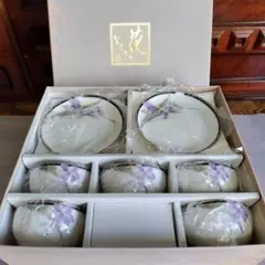 【未使用】保谷謹製 　茶菓揃　湯呑み　銘々皿 5客セット　元箱入り　花むらさき