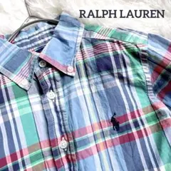 【良品】ラルフローレン　チェック柄シャツ　長袖　４T/110 水色系　ポロマーク