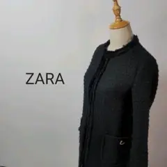 C182ZARAザラロングコートノーカラーコートツイードブラック黒Lサイズ