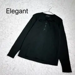 【Elegant】長袖リブニット　カットソー　ブラック　Ｍ　ハーフボタン　細見え
