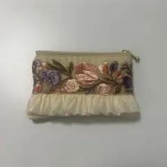 ハンドメイド　インド刺繍フリル付きミニポーチ　177