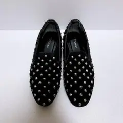 【moussy】スタッズ装飾 ブラック スリッポン ぺたんこ靴 フラットシューズ