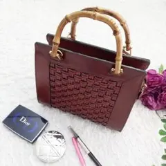 大人レトロなバンブー ハンドバッグ あめ色ブラウン 革 ショルダー
