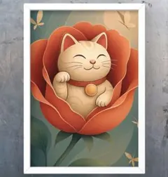 薔薇の花びらに包まれて福が咲き誇る招き猫　額縁付き　開運グラフィックアート