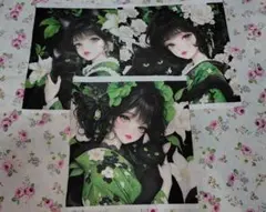 パネル生地　女の子と黒猫　和服　緑　花