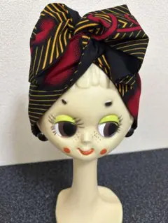 ワイヤー入りターバン　アフリカ生地使用　ハート柄ストライプ