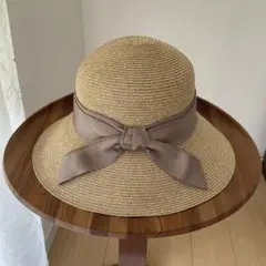 ベージュ リボン付き 麦わら帽子　カオリノモリ　オーバーライド