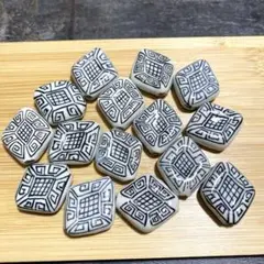 陶器ビーズ とんぼ玉 大 雷紋 黒絵 染付 シノワズリ 約35mm 15個 z6