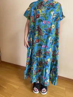 青色花柄動物柄ロングワンピースインド布インドファブリック
