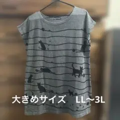 猫プリント グレー 半袖チュニックLL〜3L