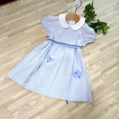 貴重　オールド　ファミリア　青と白のストライプ 襟付きワンピース　80　帰省