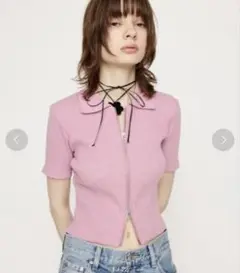 SLY FRONT ZIP CUT RIB TOPS 半袖