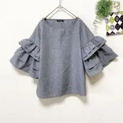 袖フリルトップス M グレー 半袖 5分袖 フェミニン 大人可愛い キレカジ