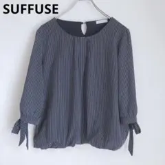 SUFFUSE 七部袖ブラウス　ストライプ　リボン　トップス　ネイビー　M