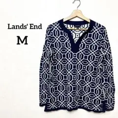 Lands' End Vネックセーター 【M】ネイビー/ホワイト　長袖　トップス