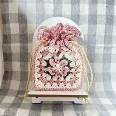 グラニースクエア巾着袋 ピンククリーム