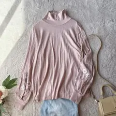 美品(M)毛100%/長袖/ロンT/刺繍/ハイネック/ストレッチ/ミセス/日本製