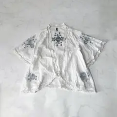 裾 フリンジ 刺繍 レース 花柄 半袖 カーディガン ホワイト 白