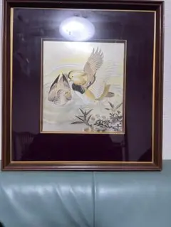 日本画風 鳥の絵 木製フレーム　彫刻