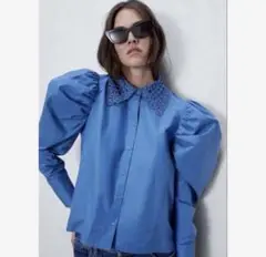 ZARA 青 レース付き大きな襟 シャツ S