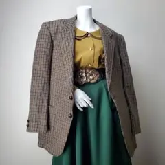 ヴィンテージ ジャケット カシミヤ混 総柄 千鳥格子 くるみボタン レトロ