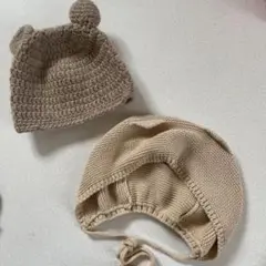 クマ耳付きグレー帽子とベージュ帽子セット