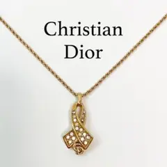 美品 Dior ネックレス CDロゴ リボン モチーフ ラインストーン ゴールド