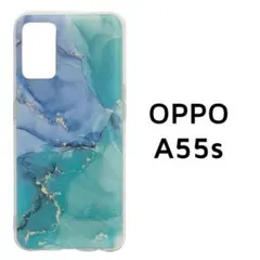 OPPO A55s 5G ケース クリア 青緑 マーブル 透明