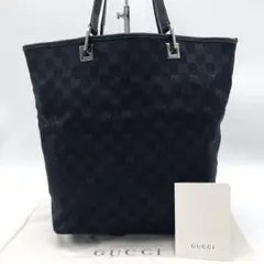 【美品】グッチ GGキャンバス ロゴ トートバッグ ブラック レザー