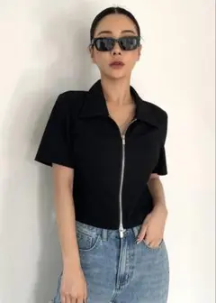 DAZY リブニットジップアップティー、クロップトップ