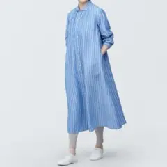 無印良品 / 洗いざらし 長袖 シャツワンピース ブルー ストライプ