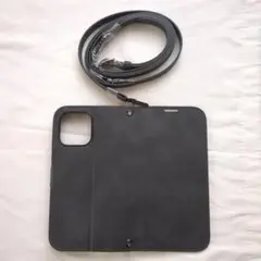 iPhone15ProMaxケース手帳型 ショルダー ストラップ(ブラック)