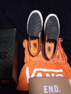 VANS スリッポン グレー/オレンジ チェック柄