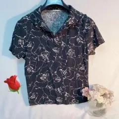 ミモザリップ mimosalip 花柄 半袖シャツ 黒 Sサイズ ストレッチ強