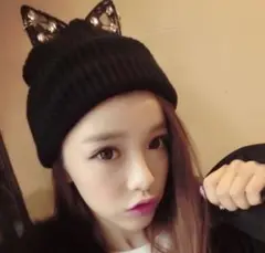 y96新品猫耳ネコミミオルチャン韓国ラインストーンニット帽黒G14