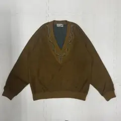 ブラウン 茶 Vネック 刺繍 ニット セーター カーディガン